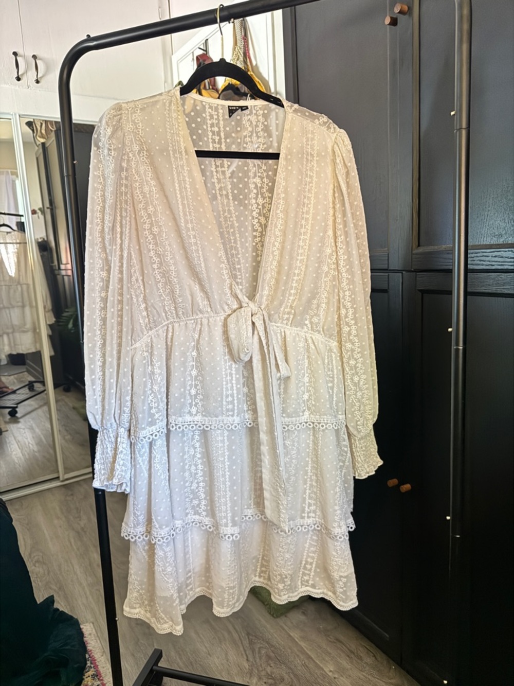 SHEIN Ivory Lace Tie-Front Tiered Long Sleeve Dress